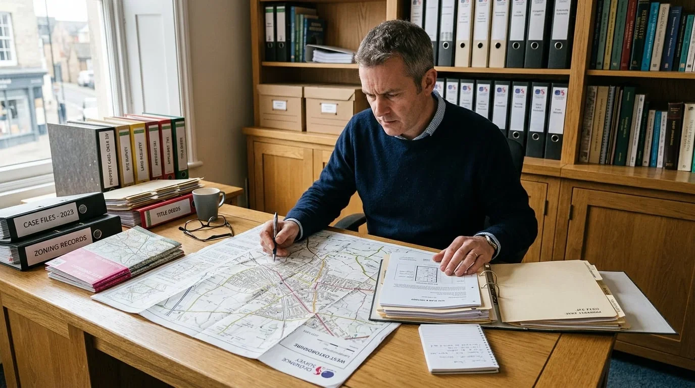 Investigator cross-referencing property records and address history for verification