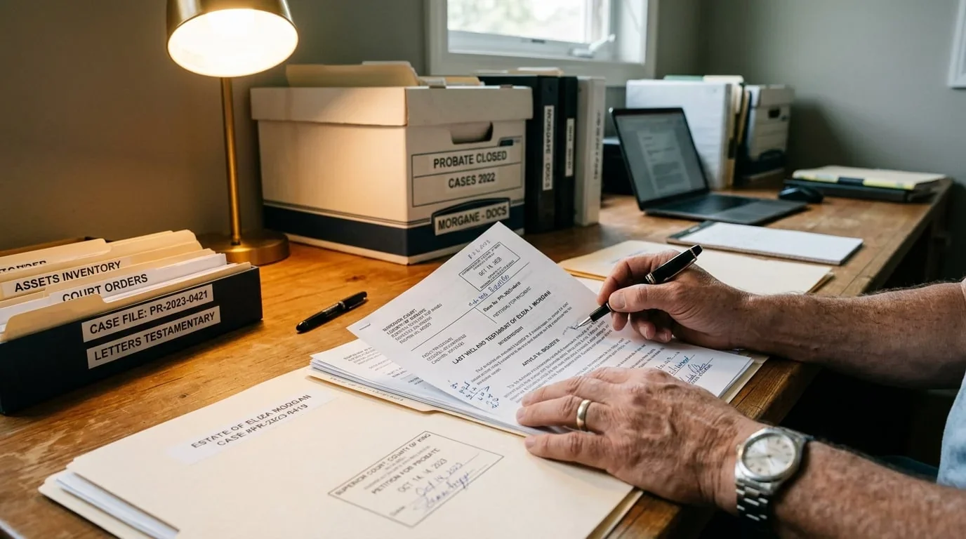 Investigator reviewing legal documents for probate and court case tracing