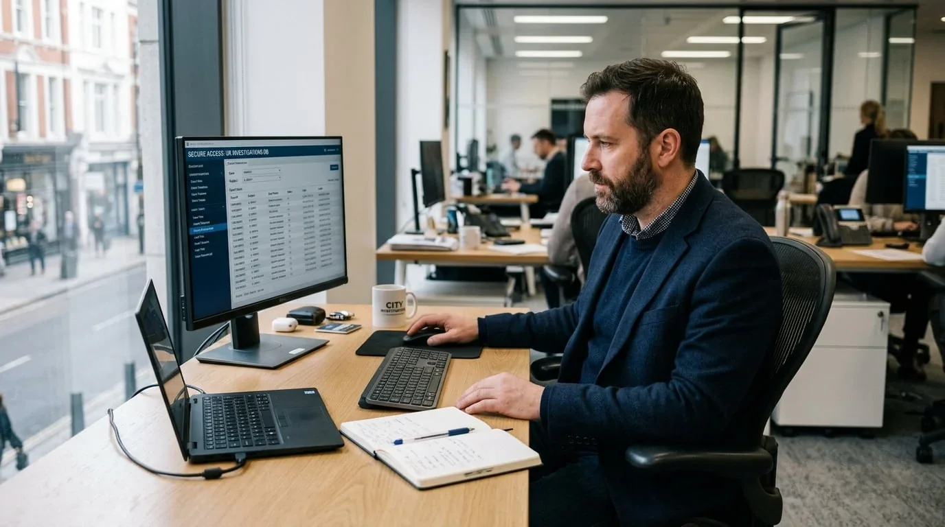 Professional investigator accessing licensed data sources for people tracing