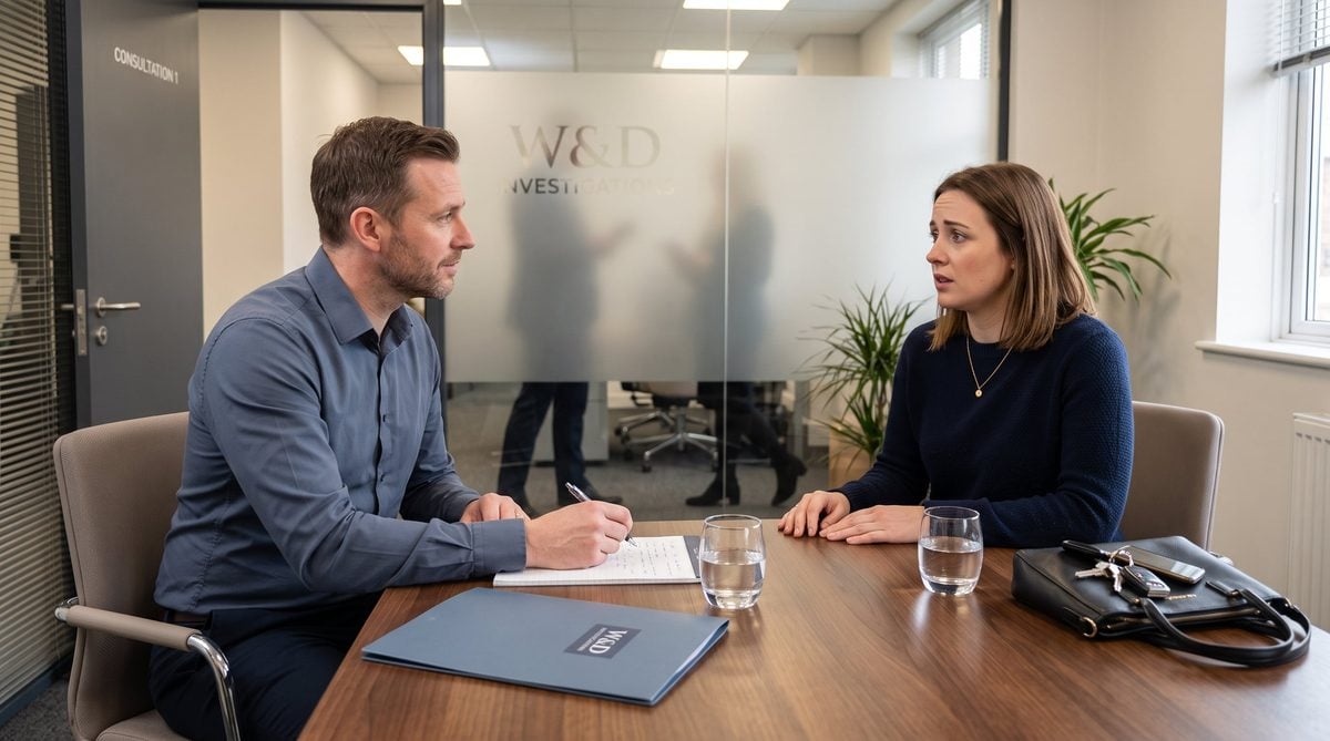 Investigator in a slate blue shirt discussing a case with a client during a confidential consultation