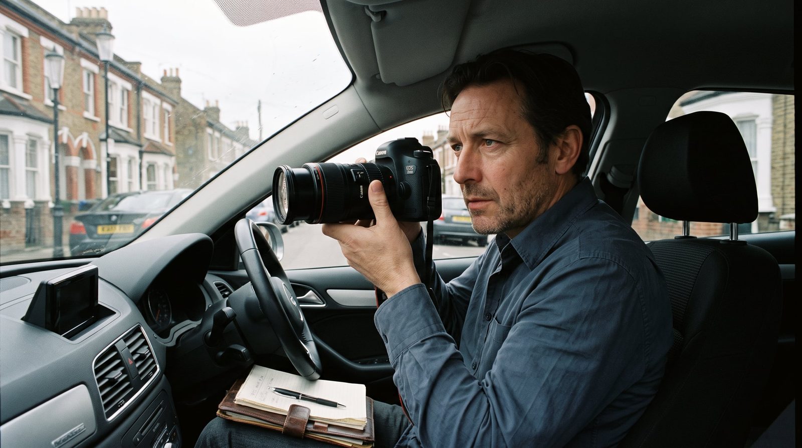 SIA licensed surveillance operative observing a subject from an unmarked vehicle