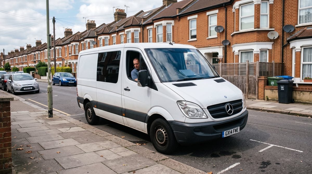 Unmarked UK surveillance vehicle positioned for static observation of a residential address