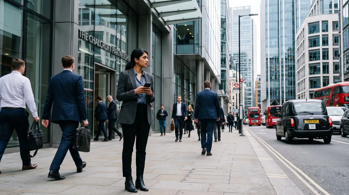 Corporate surveillance investigator monitoring activity across a London office district