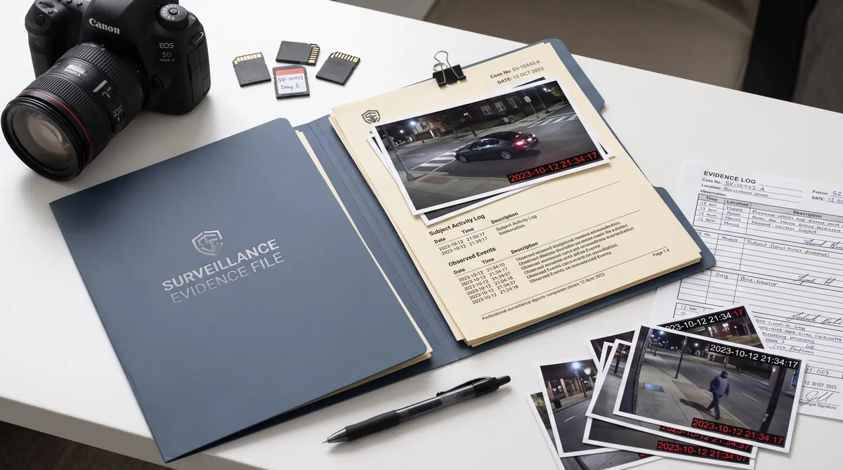 Timestamped surveillance photographs beside a written investigation report