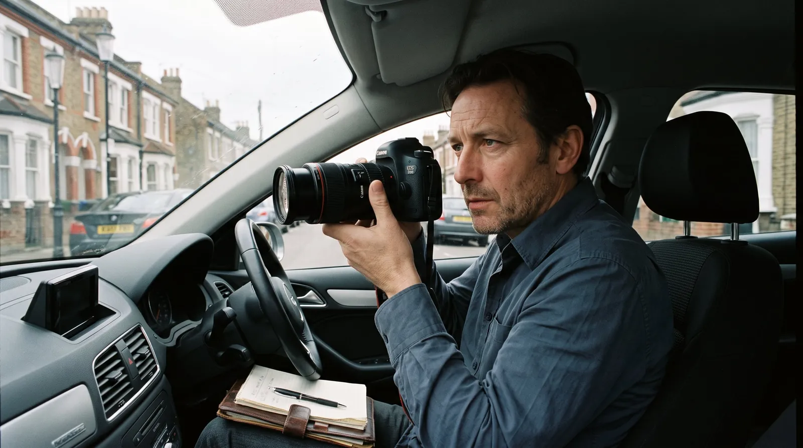 Surveillance operative observing from an unmarked vehicle