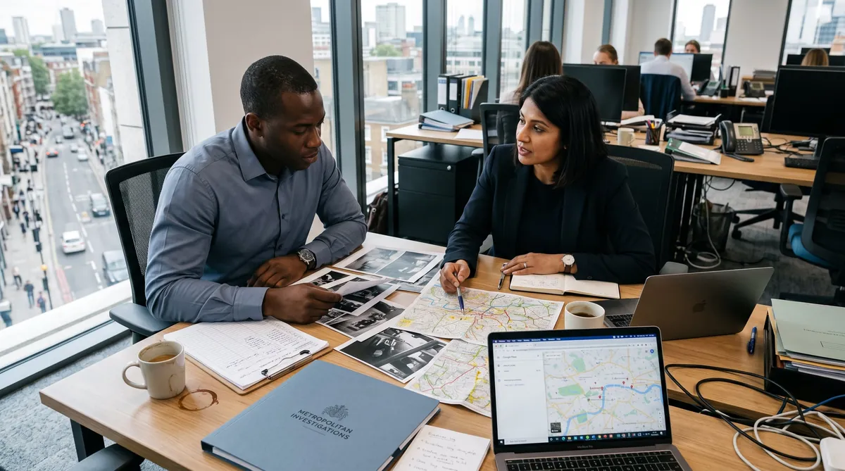 Surveillance team planning an operation around case files and a slate blue folder