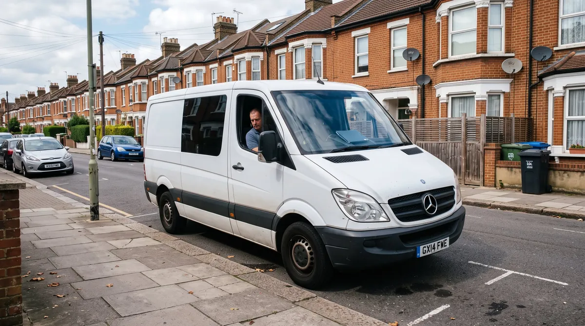 Unmarked UK surveillance vehicle positioned for static observation of a residential address