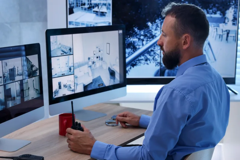 Private investigator monitoring CCTV surveillance feeds