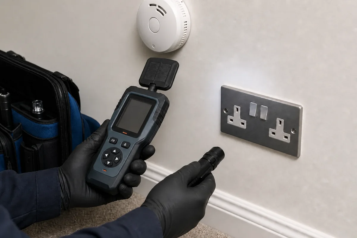 TSCM equipment checking a wall socket and smoke alarm
