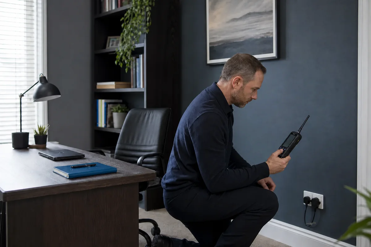Investigator using radio-frequency detection equipment during a home bug sweep