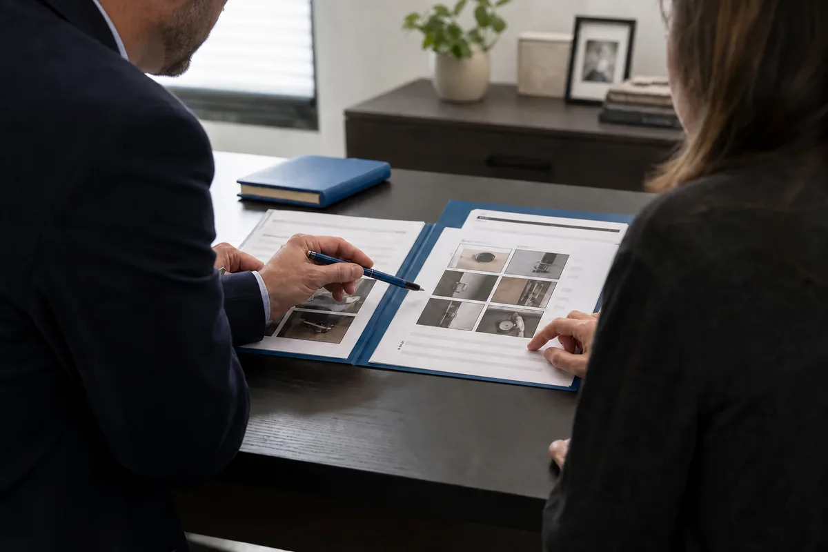 Investigator reviewing a written bug-sweeping report with a client