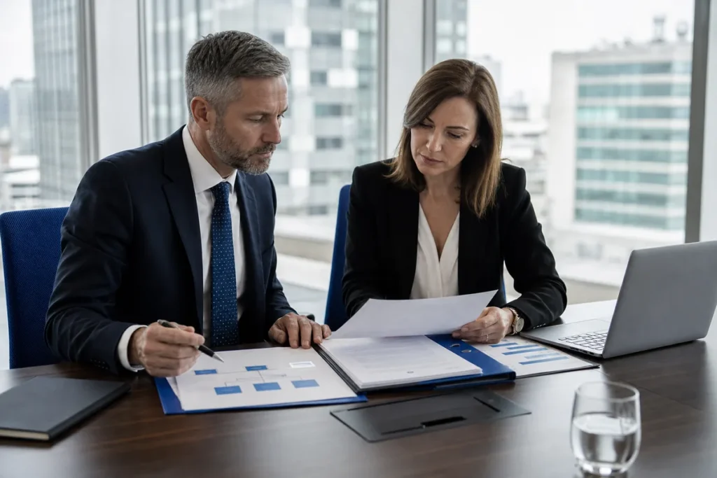 Business professionals reviewing company due diligence records