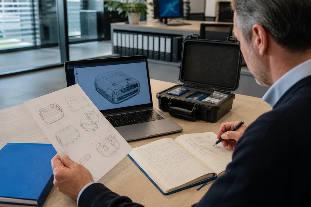 Investigator examining intellectual property records and digital evidence