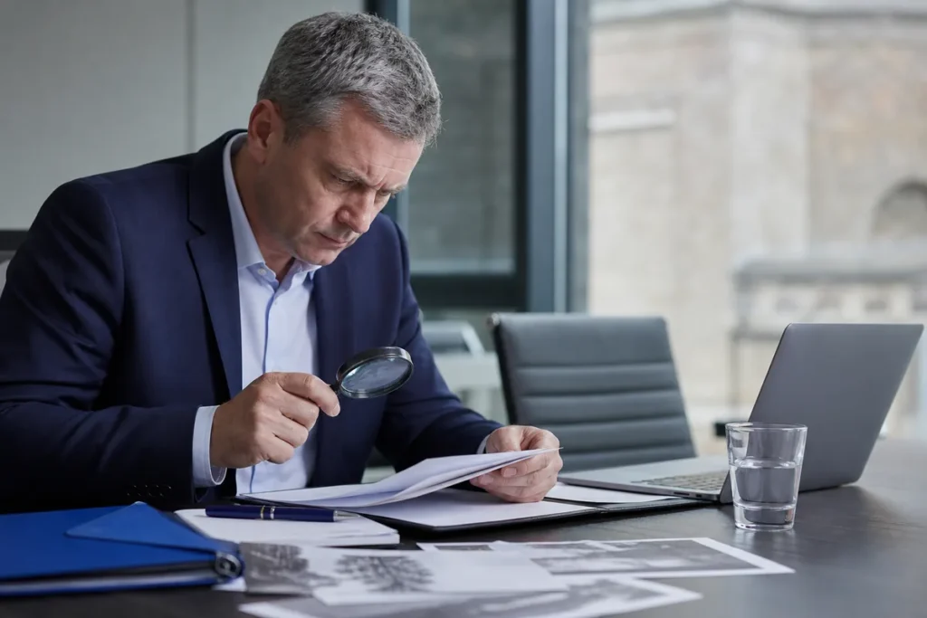 Corporate investigator reviewing business documents and evidence