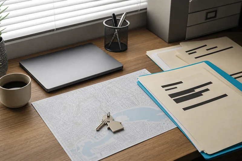 Asset tracing research materials with cyan document folders