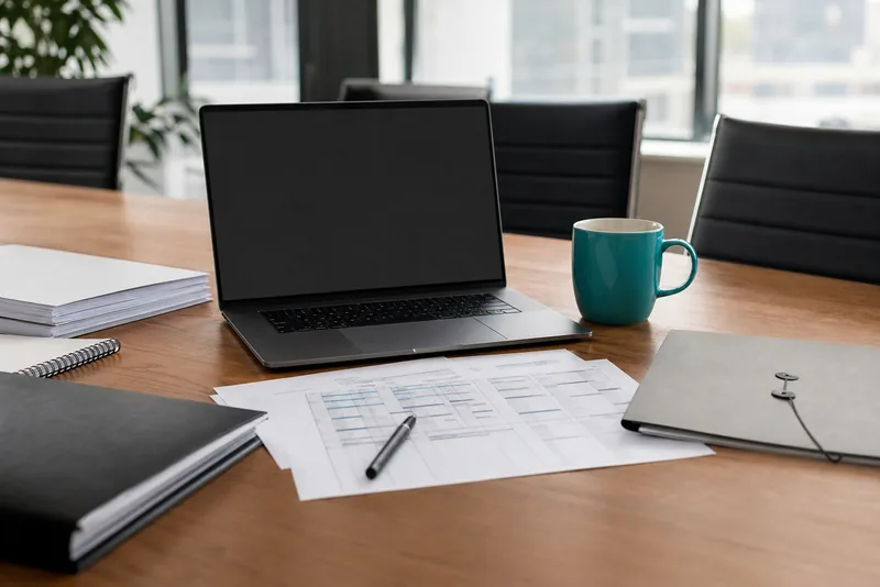 Corporate investigation planning desk with a cyan mug