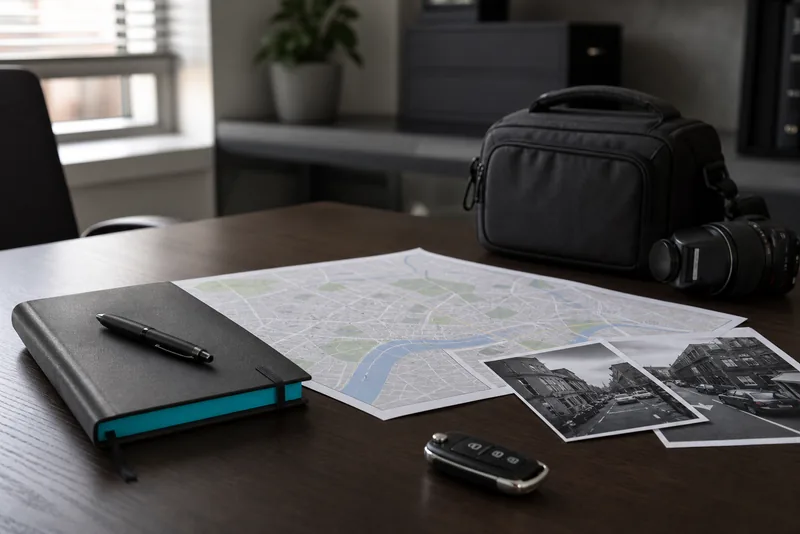 Discreet surveillance planning materials with a cyan notebook detail