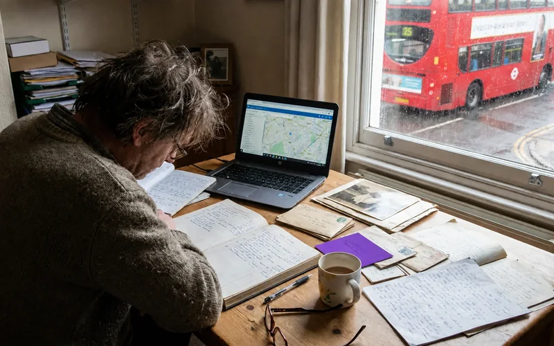 Person reviewing notes while trying to find someone in the UK